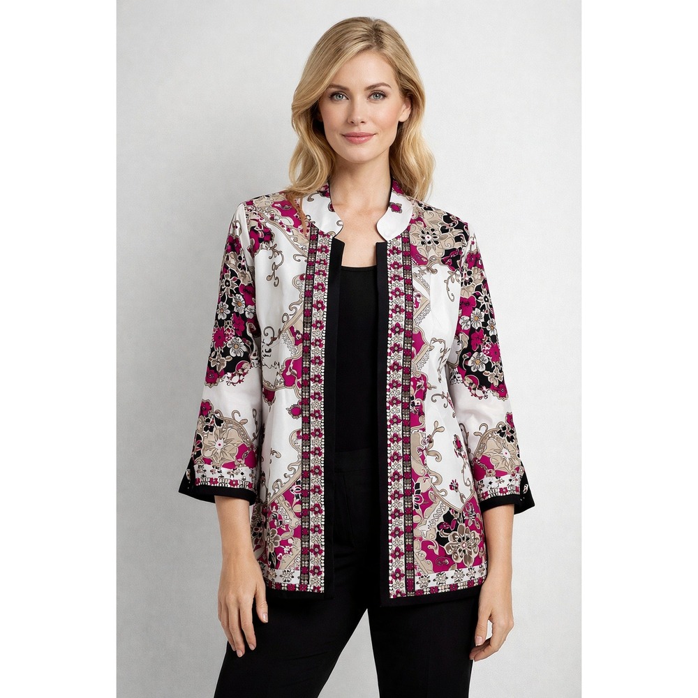 TanJay Pattern Play Open Front Jacket 16 Floral Scroll 3/4 Sleeve LightweightNWT